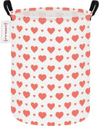 QUEENLALA Large Foldable Round Storage Basket Laundry Hamper, Pink Heart | 19.7"H x 15.15"D, waterproof & easy wipe. Folds flat to save space. Ideal for bedroom, bathroom, closet