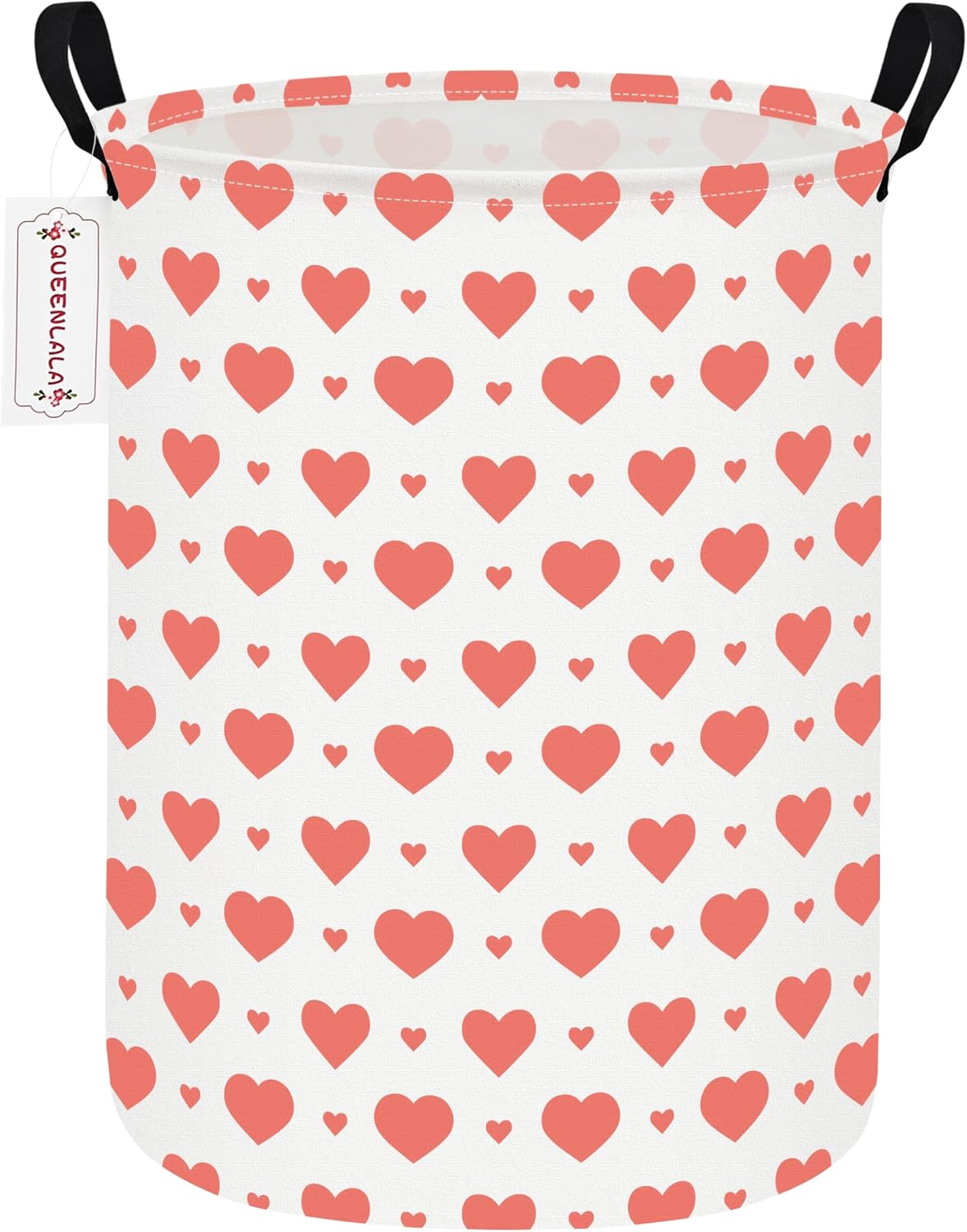 QUEENLALA Large Foldable Round Storage Basket Laundry Hamper, Pink Heart | 19.7"H x 15.15"D, waterproof & easy wipe. Folds flat to save space. Ideal for bedroom, bathroom, closet