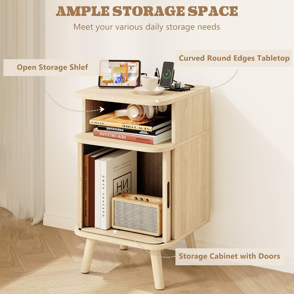 Alohappy Fluted Nightstands Set of 2 with Charging Station, Mid Century Moder...