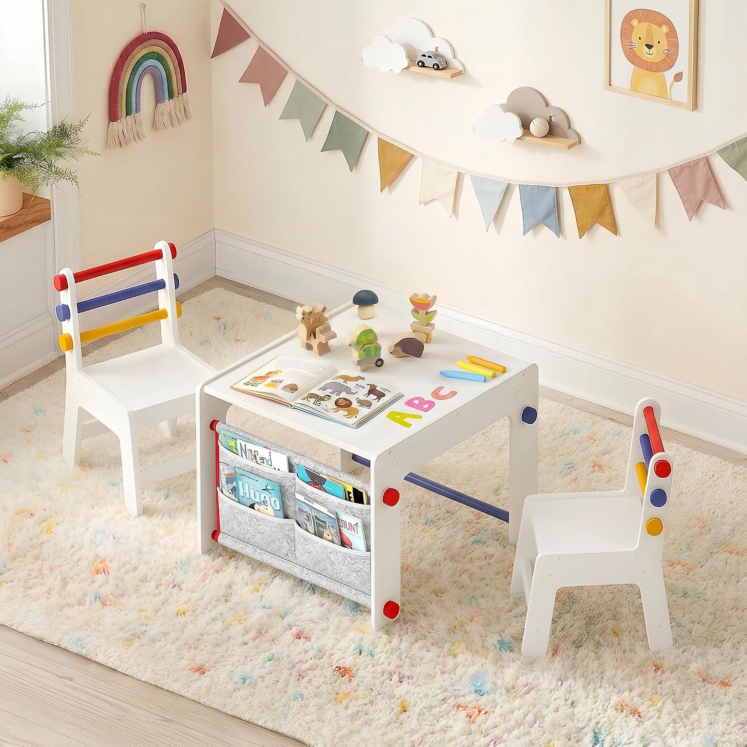 DOREROOM Wooden Kids Table & Chair, Graffiti Desktop & Storage, Multicolor | 4-in-1 Activity Table Set for Drawing, Crafts & Arts, Reading, Learning, Toddler Desk for Playroom, Daycare, Home, Ages 3+