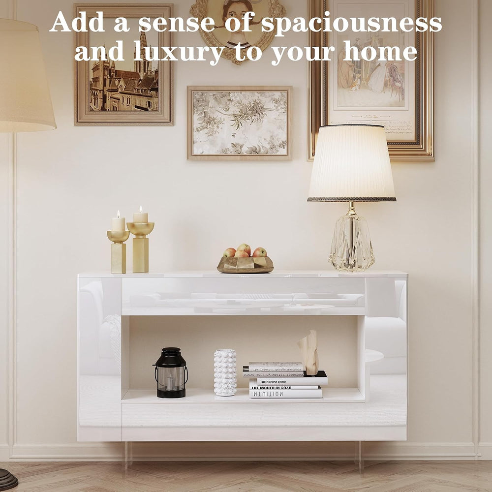 47" High Gloss Console Table with Hidden Side Storage, White | Modern en...