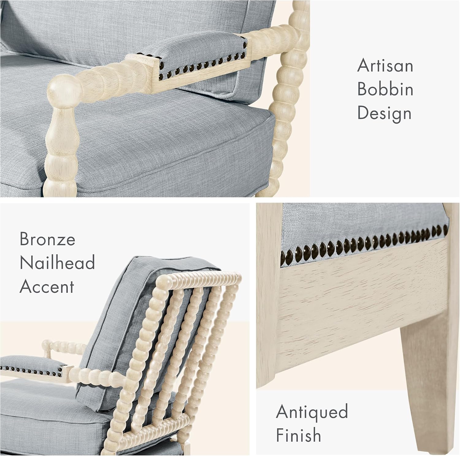 Madison Park Accent Chairs for Living Room Farmhouse Modern Armchair, Solid Wood, Antiqued Finish, Upholstered Seat Removable, Bedroom Lounge for Reading, 25.5" W, Light Blue/Antique Cream