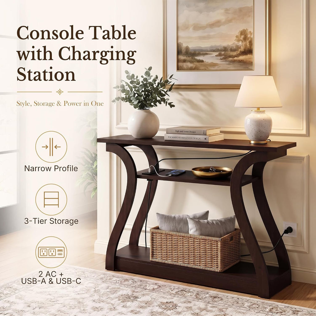 ZenStyle Wood Console Table with with Charging Station, 3 Tier Modern Accent Sofa Table for Entryway, Living Room, Hallway, 53 in Wide, Easy Assembly