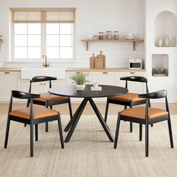 Farini Mid Century Modern Dining Chairs Set of 4, Solid Wood Frame Kitchen Chairs with PU Leather Upholstered Seat for Dining Room & Breakfast Nook,Black-Whiskey Brown
