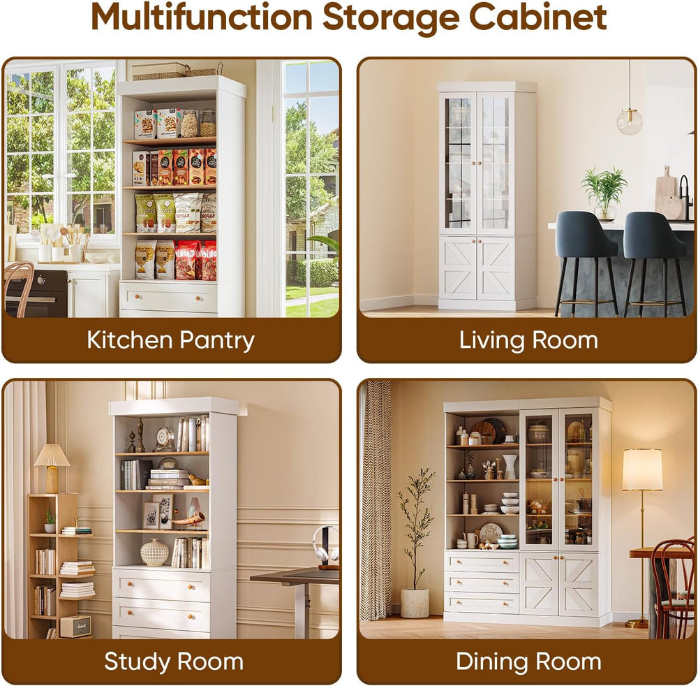 Vyre 71" Tall Farmhouse Bookshelves with Glass Doors and Drawers,Large M...