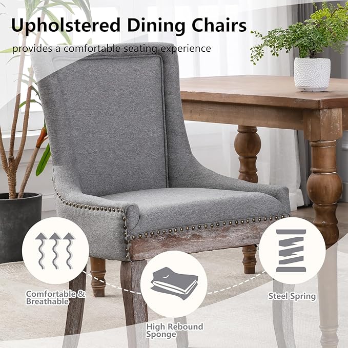Modern Dining Chairs Set of 6, High Back Dining Chairs Side Chairs with Solid Wood Legs, Upholstered Fabric Dining Room Chairs for Dining Room Kitchen, Grey