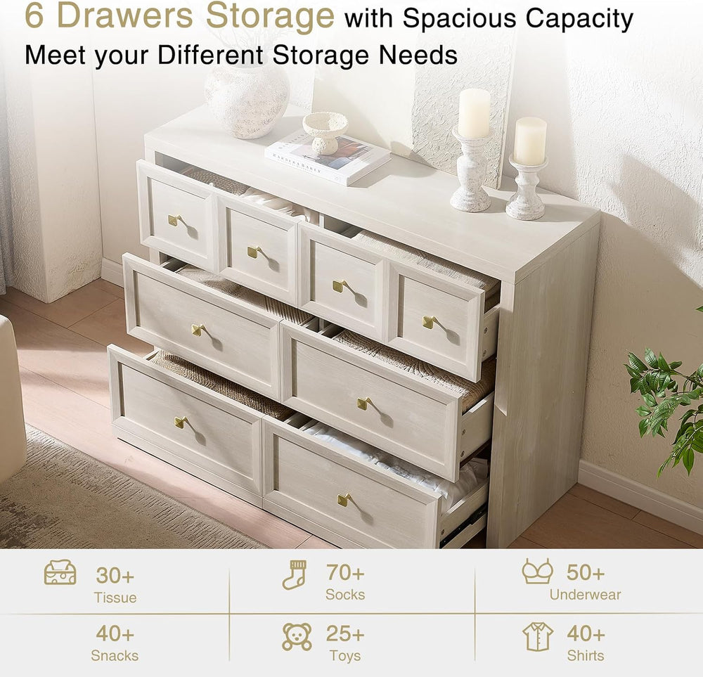 6 Drawers Dresser for Bedroom-46.5" Wide Wooden Chest of Drawers with La...