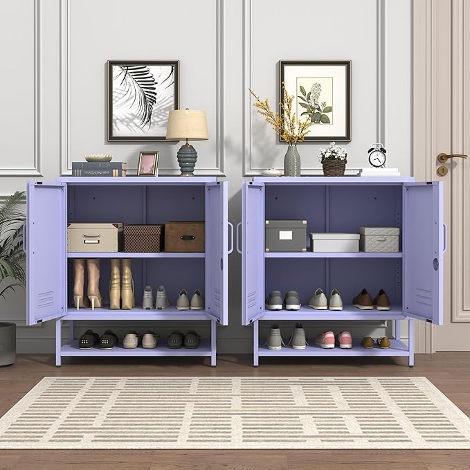 Metal Shoe Storage Cabinet with Lock, 2-Door Multifunctional Shoe Organizer with Adjustable Shelf & Bottom Shoe Rack, Freestanding Entryway Furniture, Purple 33" H X 29.5" W X 13.8" D