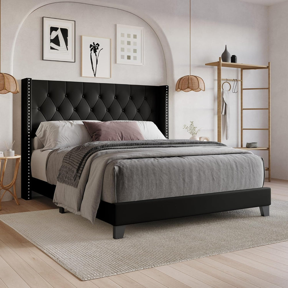 HOME DESIGN Homer King Tufted Wingback Upholstered Panel Bed, Black