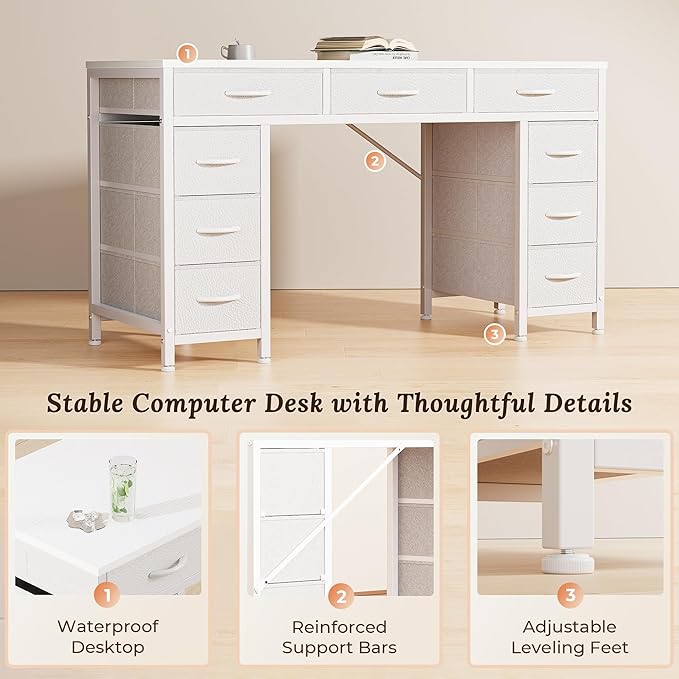 PRAISUN 54 Inch Office Desk with Outlets, Computer Desk with 9 Fabric Drawers, Writing Gaming Work Study Desk for Bedroom, Living Room, Home Office, Large Storage, White