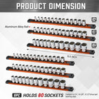 ALOANES 6-Piece Magnetic Socket Organizer, Heavy Duty Aluminum Socket Rails Organizer, 360° Swivel Clips Socket Holder Kit for Tool Box, 1/2, 3/8, 1/4-Inch Socket Holder x 80 Clips (Orange)
