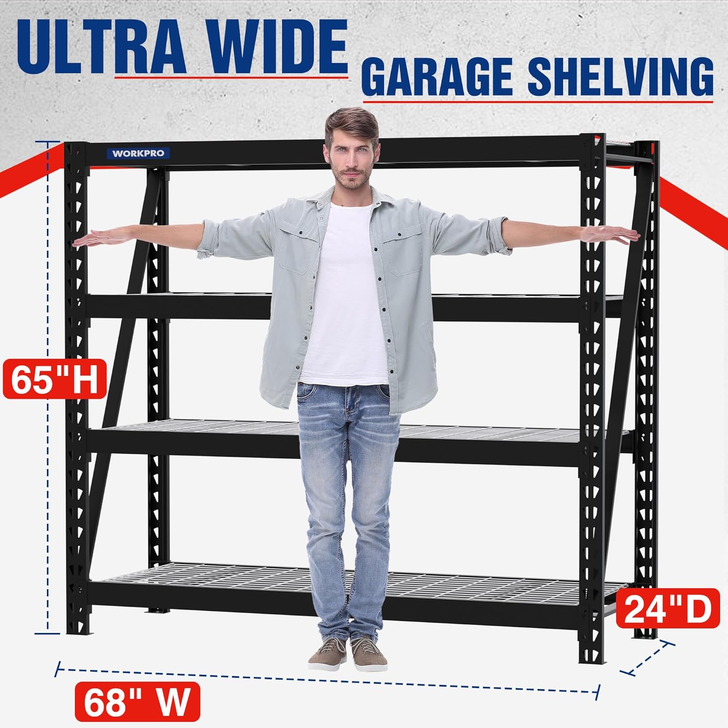 WORKPRO Garage Shelving, 68" W x 24" D x 65" H, 7200 LBS Load, Heavy Duty Metal Shelves for Storage, Industrial Storage Rack for Warehouse Kitchen Shop Basement, Black, Pack of 1