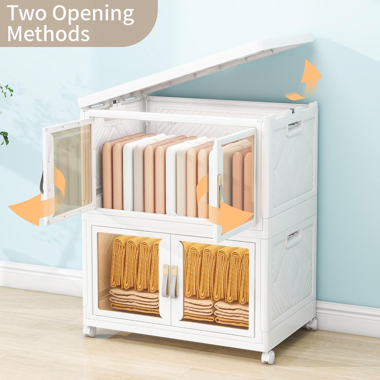 Large Clear Stackable Storage Bins with Lids, Foldable Storage Cabinet for Closet Organizers and Storage, Plastic Storage Box with Wheels 398 QT
