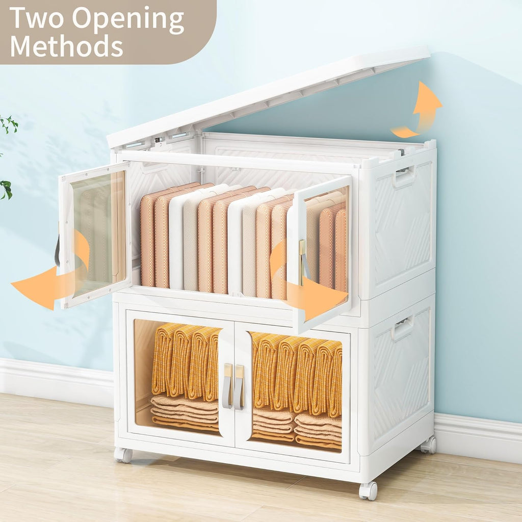 Large Clear Stackable Storage Bins with Lids, Foldable Storage Cabinet for Closet Organizers and Storage, Plastic Storage Box with Wheels 199 QT