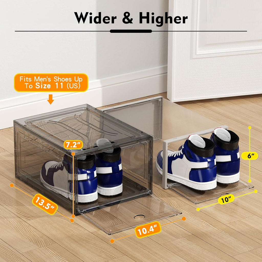 Upgrade Harder Solid Plastic Shoe Organizer, Shoe Storage with Magnetic Front Door, Shoe Rack 6 Pack Shoe Boxes Clear, Sneaker Storage, Shoe Organizer for Closet, Shoe Display Case, Black