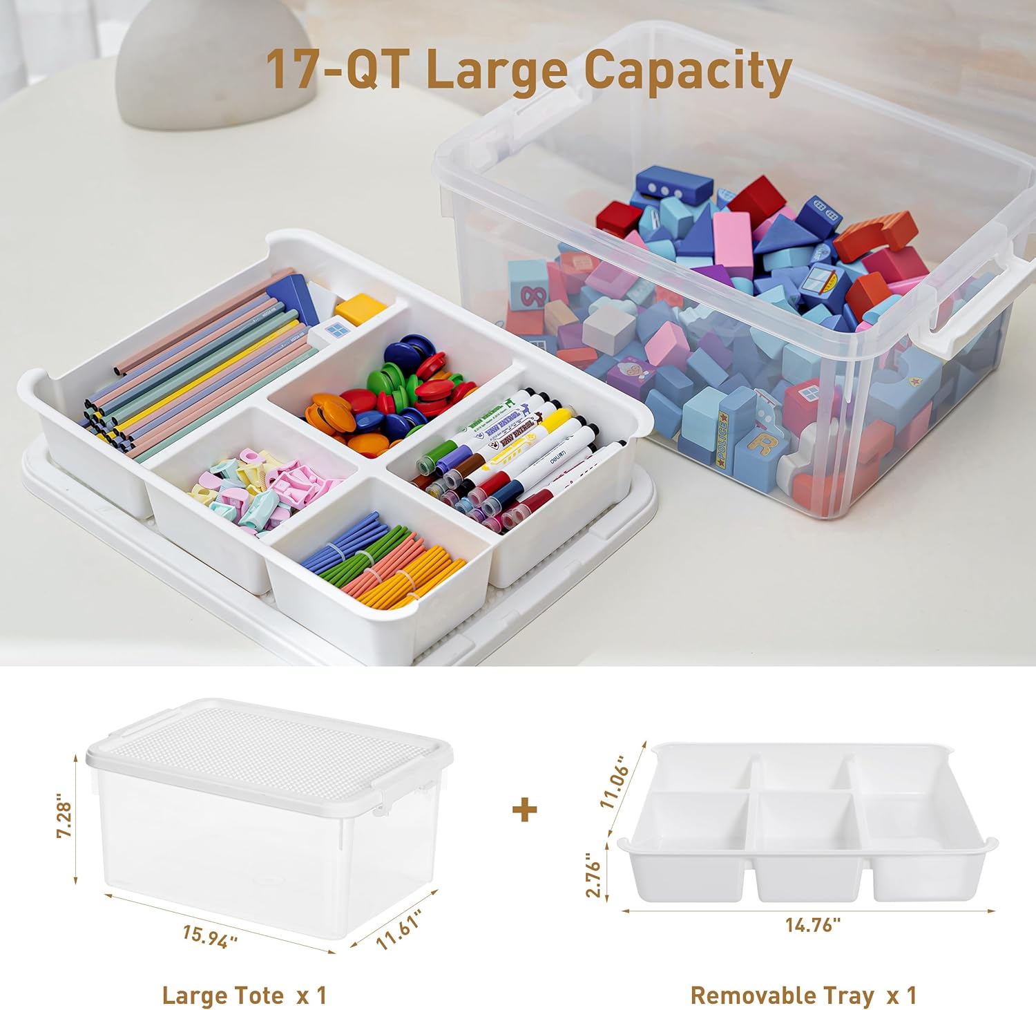 Citylife 17 QT Plastic Storage Box with Building Baseplate Lid and Removable Tray Craft Organizers and Storage Clear Storage Container for Organizing Bead, Tool, Sewing