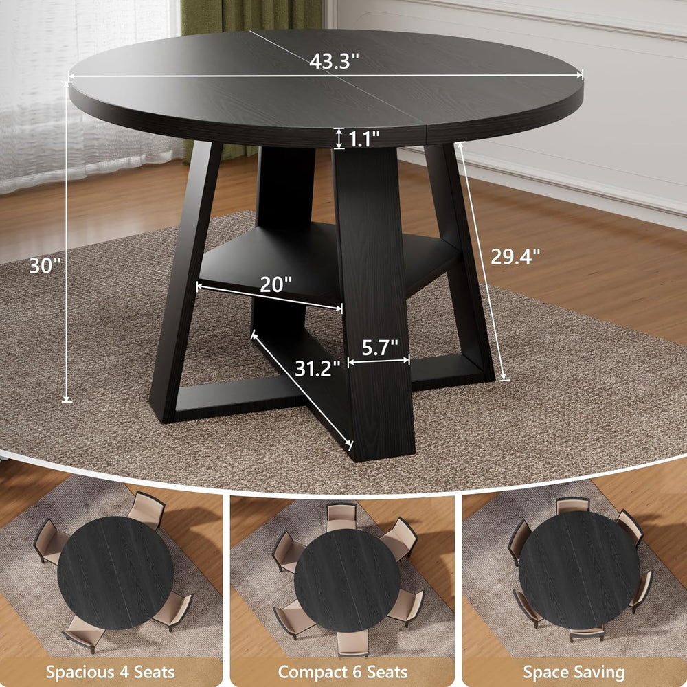 43 inch Round Dining Table for 4-6, Dining Table with Storage Shelf, Wood Gra...
