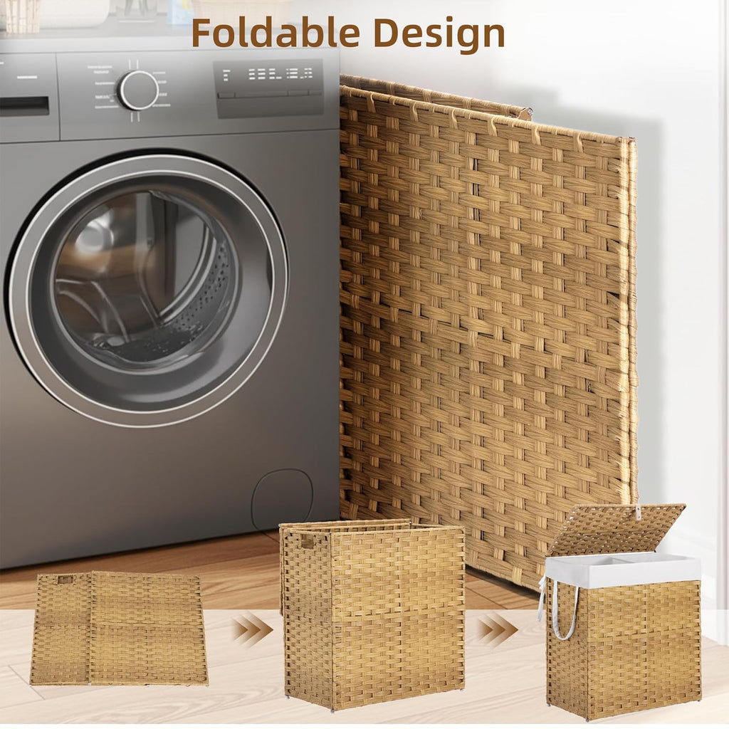 Woven Laundry Basket with Lid, Large Hamper with Removable and Machine-Washable Liner, Foldable Rattan Clothes Hamper, Sturdy Steel Frame, Odor Control, 110L Capacity, Goose Yellow