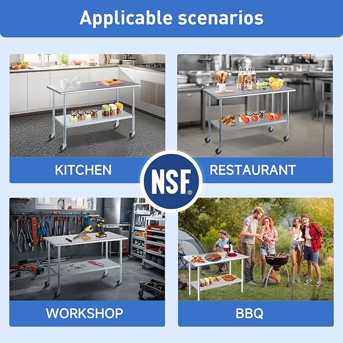 ROCKPOINT Stainless Steel Table for Prep & Work with Backsplash 18x60 Inches, NSF Metal Commercial Kitchen Heavy Duty Table with Adjustable Under Shelf and Table Foot for Restaurant, Home and Hotel