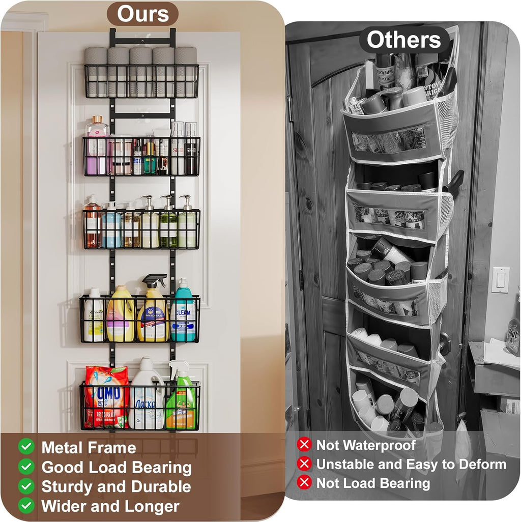 Adjustable Over The Door Organizer, Metal Hanging Door Organizer with 5 Wire Basket 7 Hooks, Wall Mounted Shelf for Pantry Laundry Organization and Storage, Black