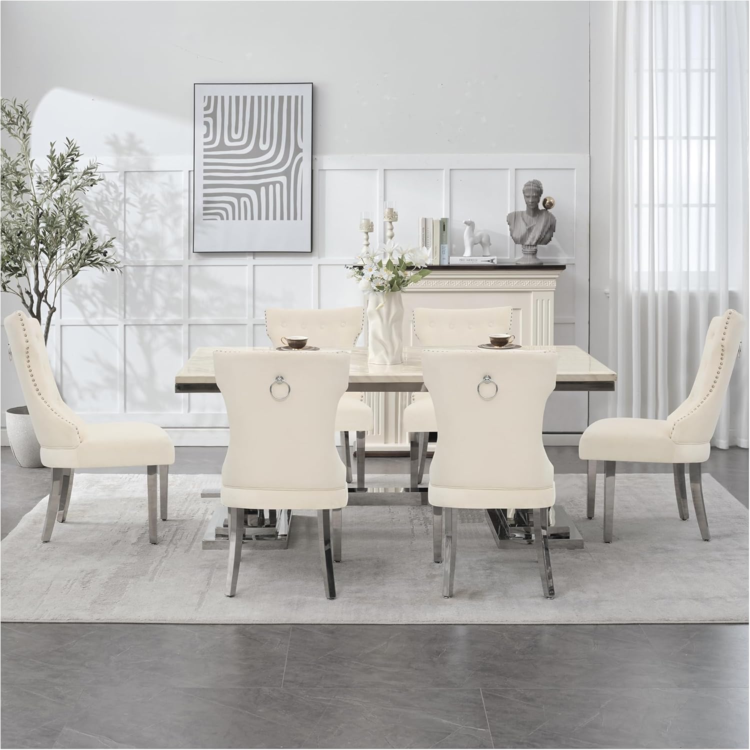 adochr Velvet Dining Chairs Set of 6, Upholstered Kitchen Chairs with Mteal Legs, Modern Button Tufted Back with Square Pull Ring Trim for Dining Room, Beige