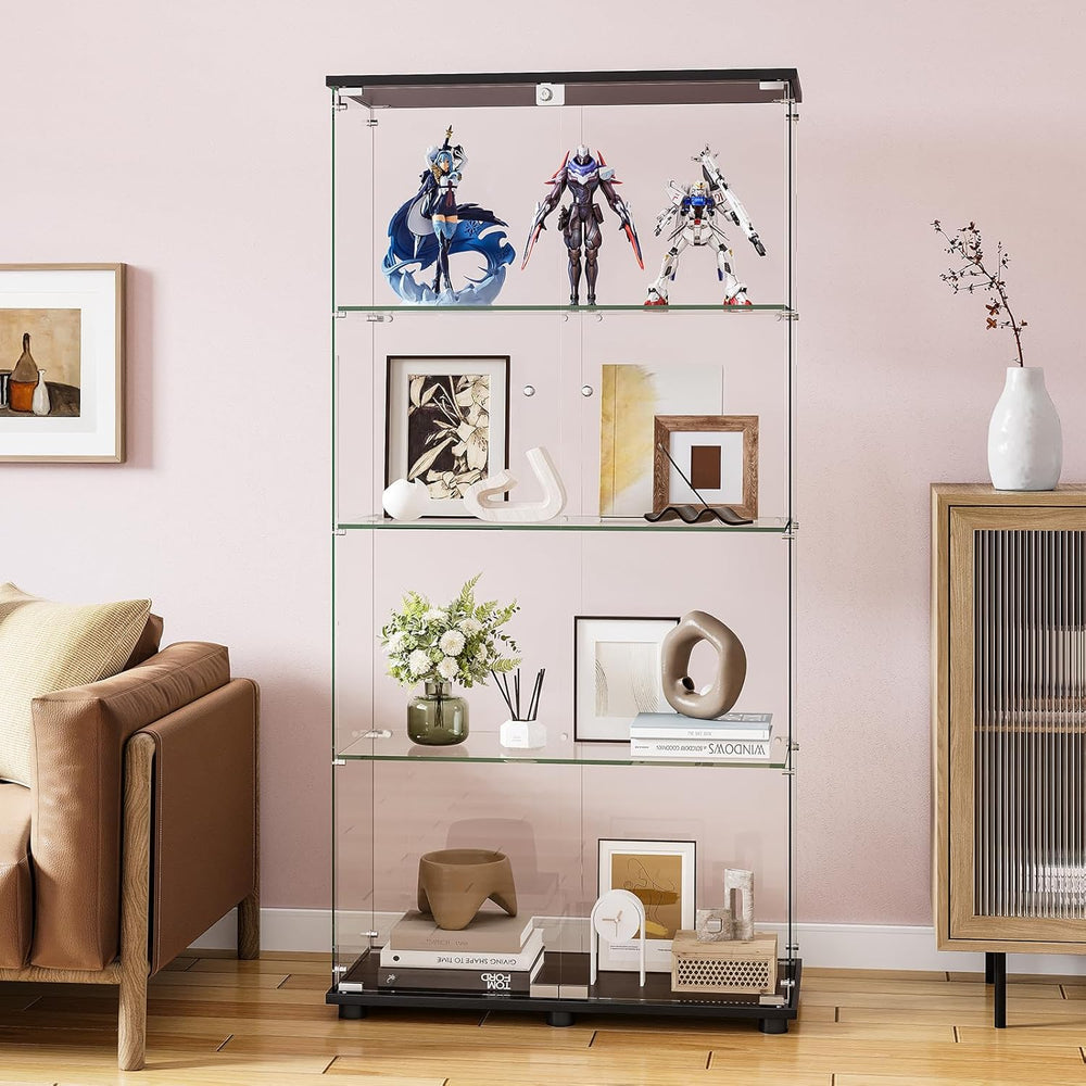 Glass Display Cabinet with 4-Shelf Double Door and Lock, 5mm Tempered Glass