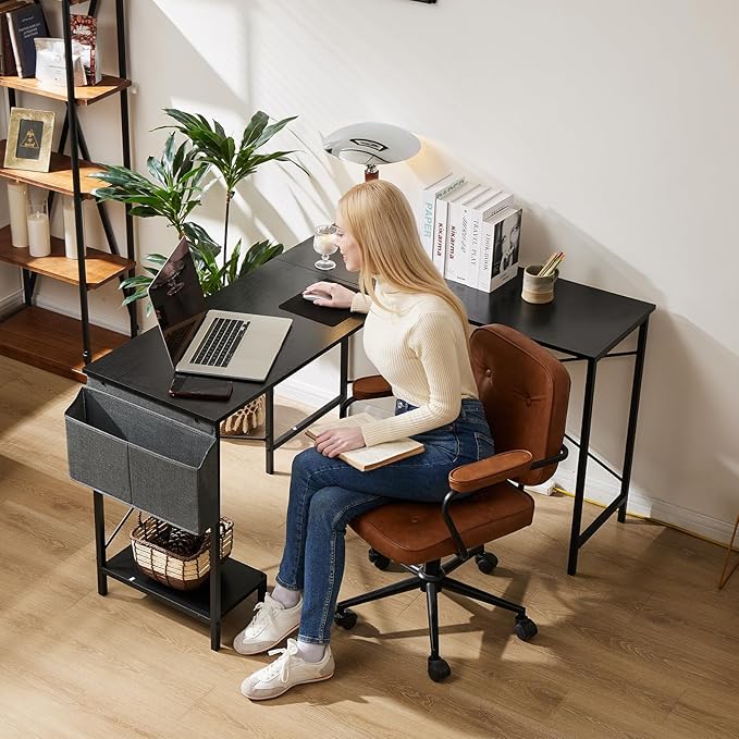 Sweetcrispy L Shaped Computer Desk - Corner Gaming PC Table with CPU Stand Side Bag for Home Office Dorm Sturdy Writing Workstation, 50-Inch, Black