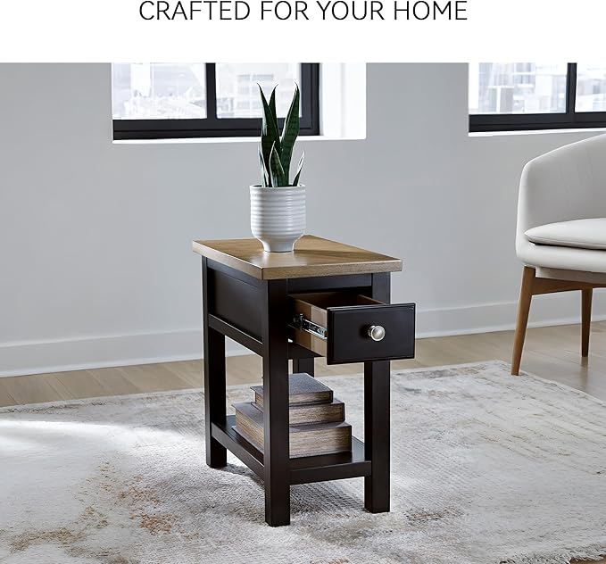 Signature Design by Ashley Drazmine Casual 1 Drawer Chair Side End Table with USB Charging Ports, 1 Lower Shelf and Power Cord, Light Brown & Black