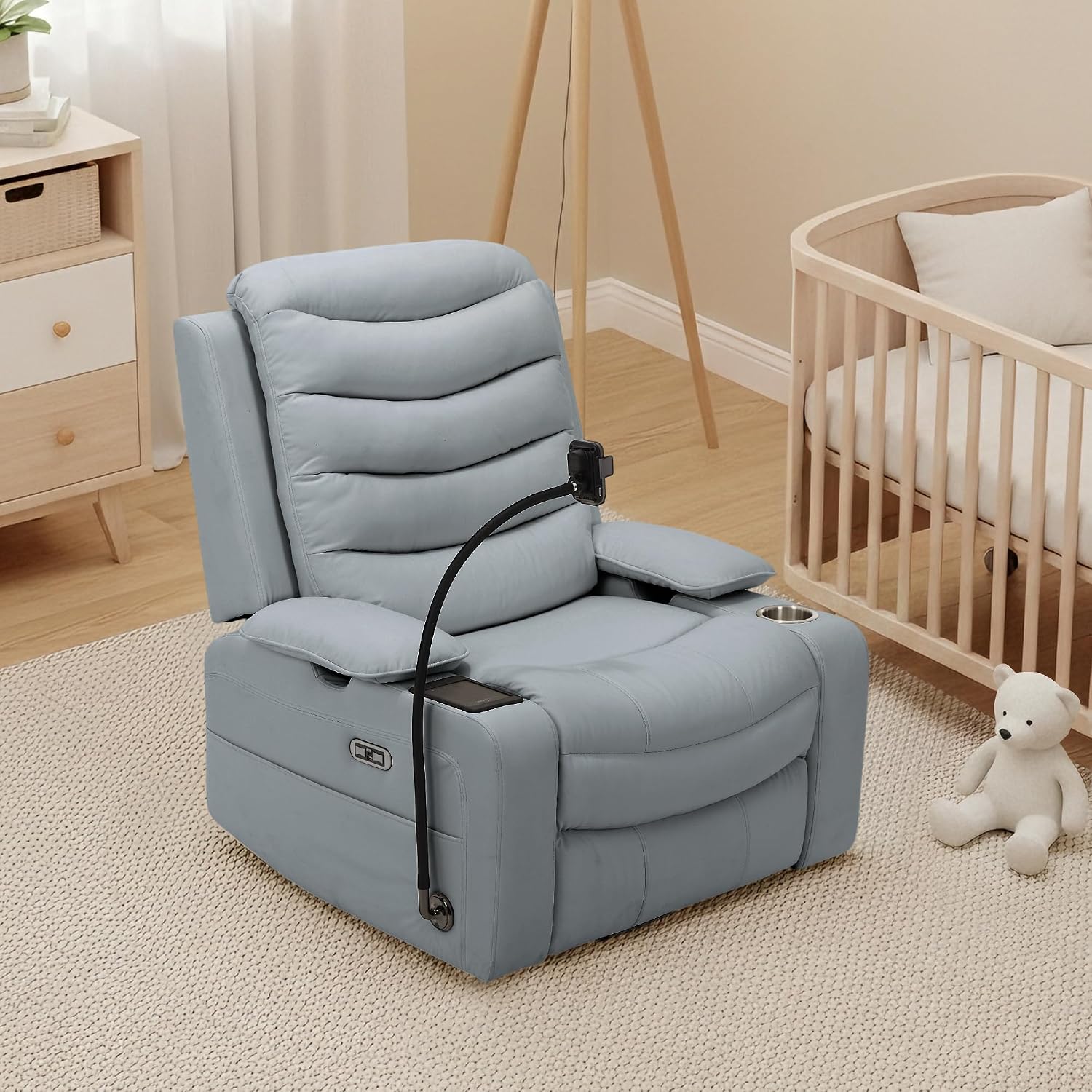 Olela Nursery Glider Recliner Chair - Electric Swivel Rocker with Heated Lumbar, Smart Cup Holder, USB Charging Ports, Blue Grey PU Leather