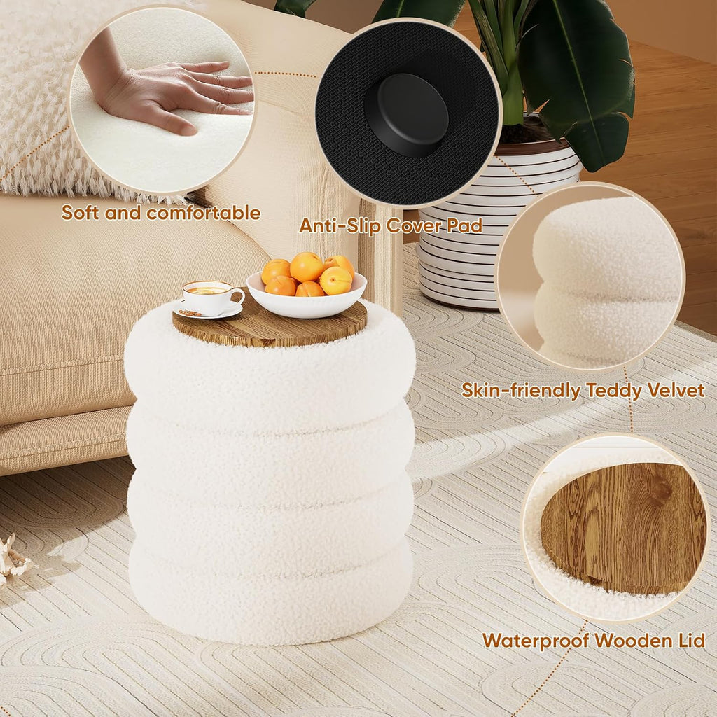 Soft Teddy Round Ottoman with Tray, 17.5 Inches Ottoman Coffee Table with Storage for Living Room, Vanity Stool with Storage Bedroom, Load up to 300 lb, No Assembly Required (White)