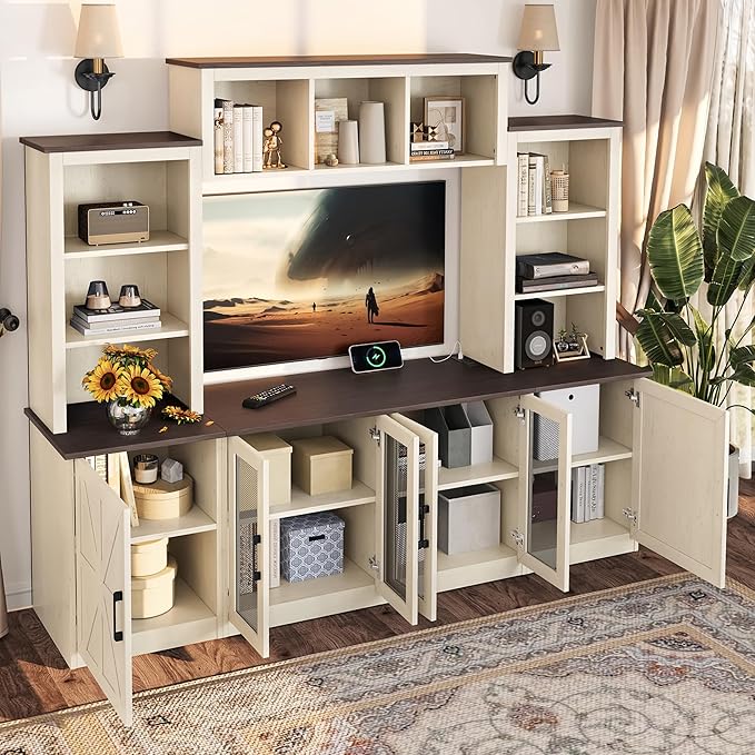 Wall Unit Entertainment Center with Charging Station and USB Charging for TVs, TV Stand with Large Storage Cabinet, Modern TV Stand Media Console with Cabinets (Beige/T)