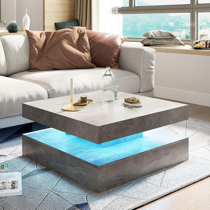 HedoAjim Grey LED Coffee Table for Living Room, Living Room Table 2-Tier Square Middle Center Table, Modern Coffee Tables with Storage, Contemporary Wood Tea Tables for Dining Reception