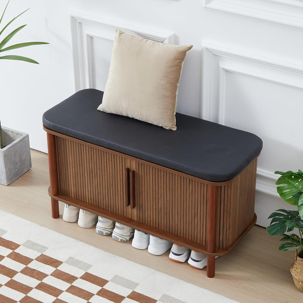 Shoe Bench, Entryway Shoe Cabinet with Leather Cushion and Sliding Door, Mode...
