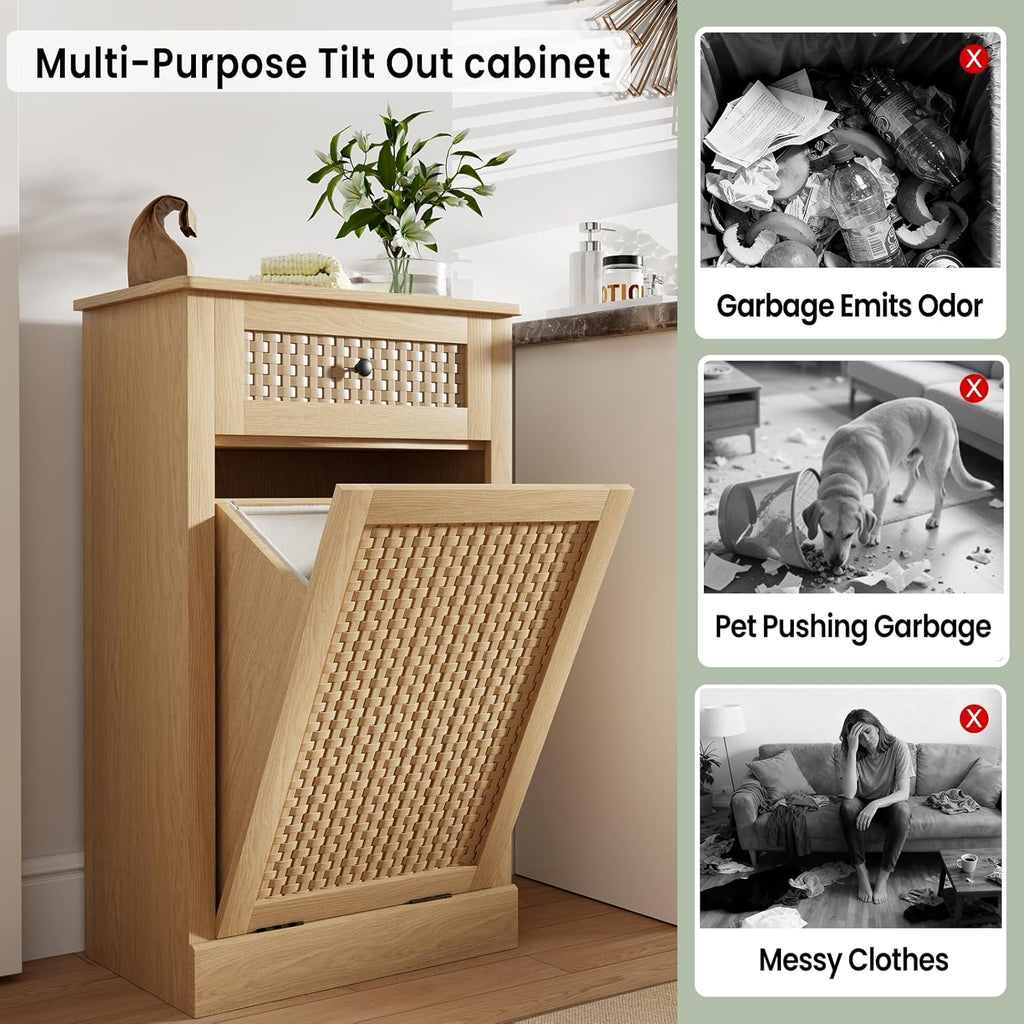 Double Tilt Out Laundry Hamper Cabinet,10 Gallon Laundry Cabinet with Drawers ＆ 2 Hidden Baskets, Farmhouse Storage Basket for Laundry Room, Bathroom, Kitchen, Wood