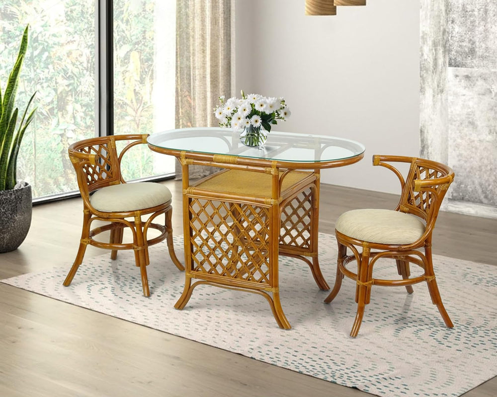 Borneo Compact Dining Set Colonial Color, Table with Glass Top + 2 Chairs wit...