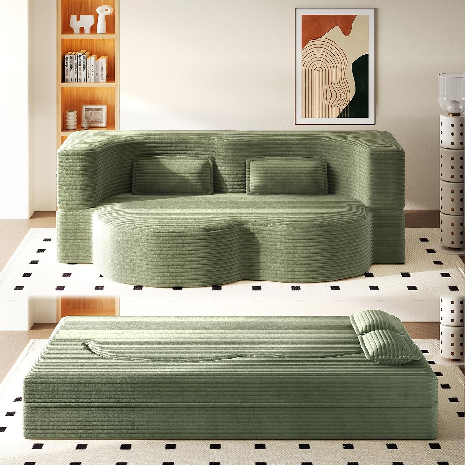 Convertible Folding Sofa Bed, 2-in-1 Full Size Floor Boneless Couch Bed, Corduroy Loveseat sleeper Couch Floor Sofa, Memory Foam Sleeper SofaBed, Small couches for small spaces, No Assembly, Green