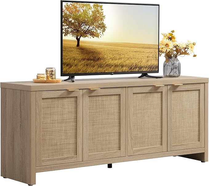 SICOTAS TV Stand for Living Room Boho Entertainment Center for Bedroom with 4 Rattan Cabinets Farmhouse Television Stands with Storage Large Media Console Table for TVs up to 65 Inch