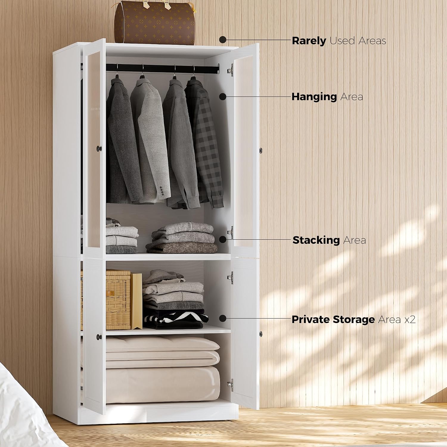 VOWNER 20“D Armoire Wardrobe Closet with Fluted Glass, 71" H Clothing Storage Cabinet with Hanging Rod, 4 Soft-Close Doors Wooden Wardrobe Cabinet for Bedroom, Large Capacity Storage White(CC)