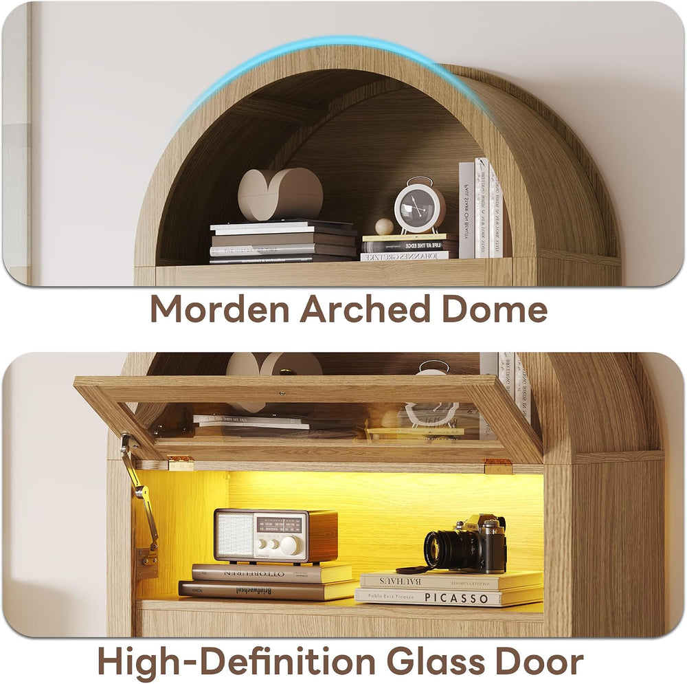 LIKIMIO 72.8'' Tall Arched Cabinet with LED Light, Rattan Door, Natur...