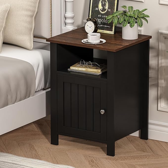 ChooChoo Nightstands Set of 2, Rustic Vintage End Side Table with Storage for Bedroom Living Room, Black&Brown