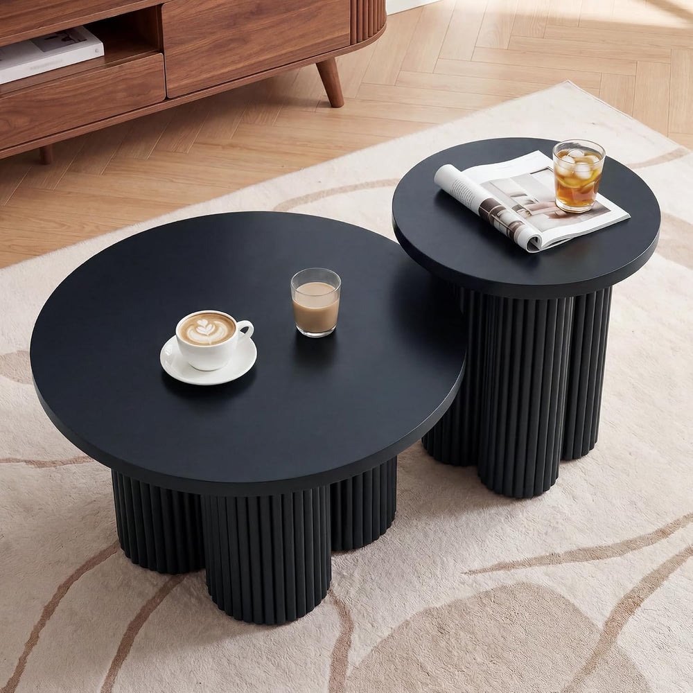 Nesting Coffee Tables Set of 2 Fluted Round Coffee Table(Black)
