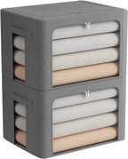 FHSQX 2 Pack Clear Window Storage Bins Stackable Linen Fabric Storage for Clothes Foldable Box Organizer Set with Carrying Handles-36L (Gray, 15.7x 11.8x 11.7 Inch)