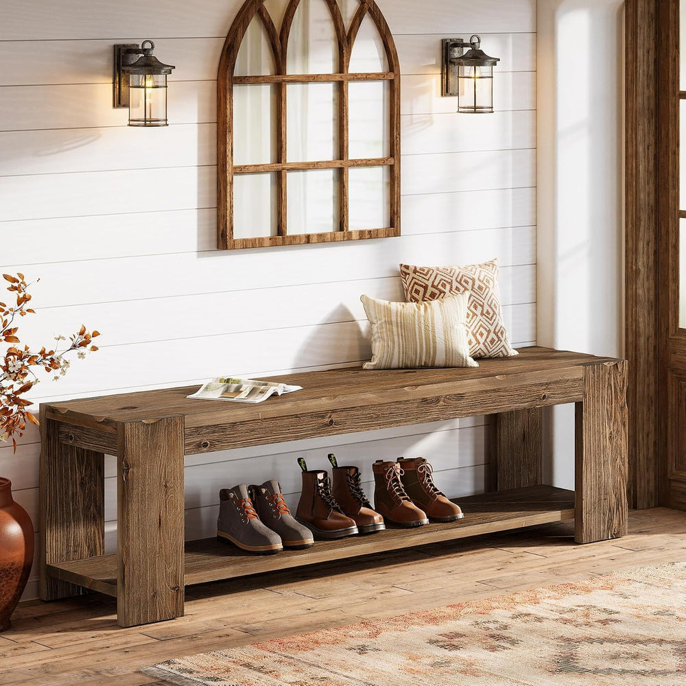 Solid Wood Entryway Bench with Storage Shelf, 55.12-Inch 2-Tier Wood Shoe Ben...