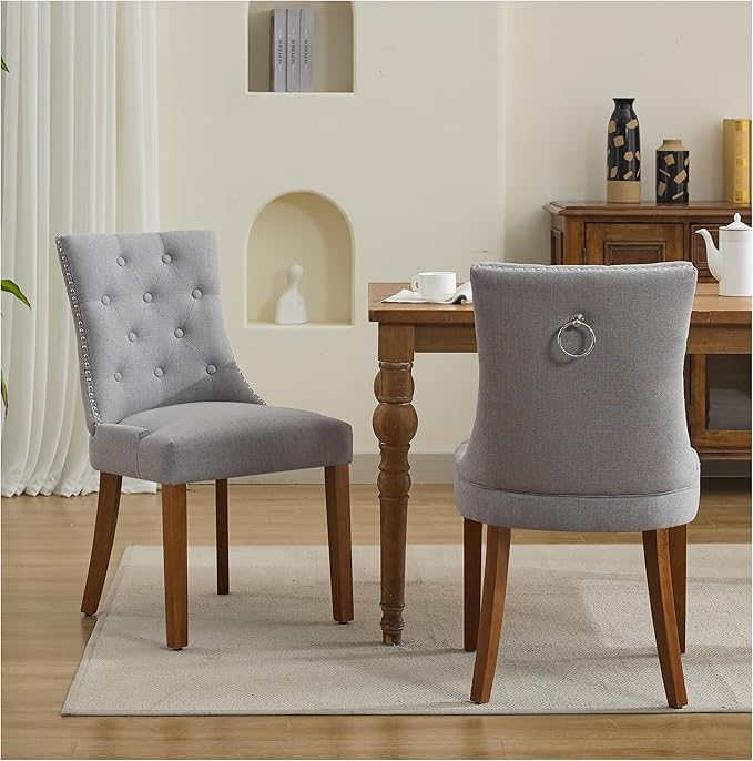 Upholstered Tufted Dining Chairs Set of 2, Fabric Side Dining Room Chairs with Nailhead Back Ring Pull Trim Solid Wood Legs, Grey