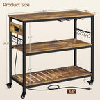 Yaheetech Kitchen Island Cart with Power Outlet, 3 Shelves, Rustic Brown | 40 Inches Rolling Kitchen Island With Storage, 3-Tier Coffee Cart with Footpads, Wine Rack Glass Holder Hooks for Dining Room