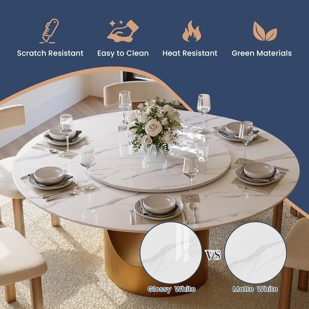 POVISON 59" Round Dining Table for 6 with Lazy Susan, Glossy White Sinte...