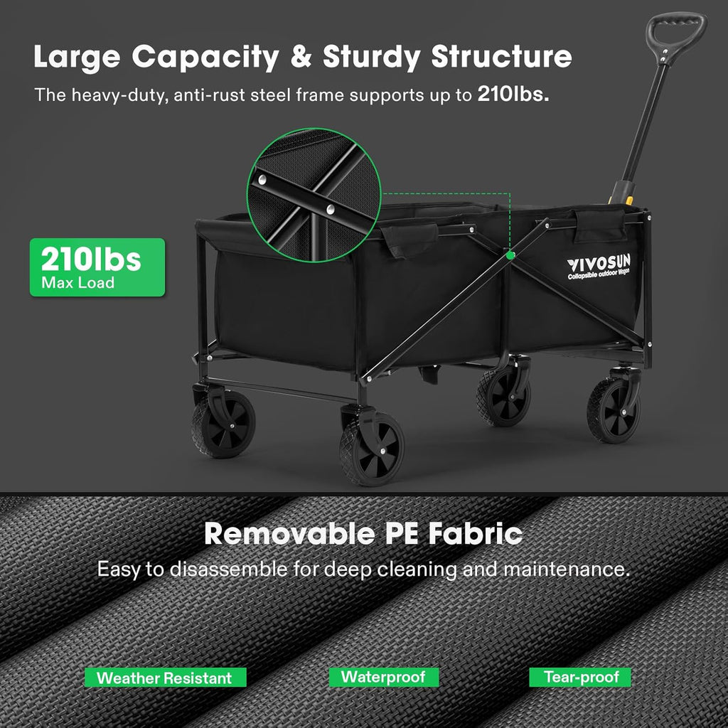 VIVOSUN Collapsible Folding Wagon, Outdoor Utility with All-Terrain Wheels, Adjustable Handle, Cup Holders & Side Pockets, for Camping, Shopping, Garden, 210Lbs Capacity, Black