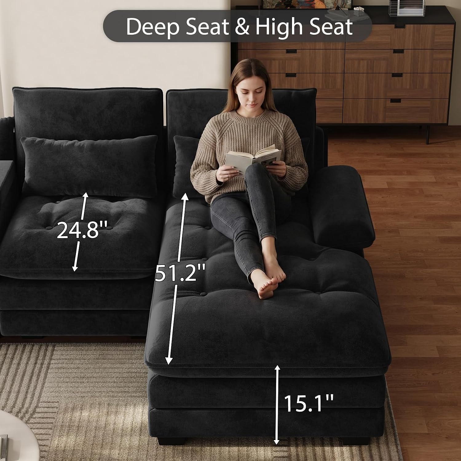 134" U Shaped Modular Black Sectional Couches for Living Room | Oversized 6-seat U-shaped sectional with chaise lounge, tufted chenille fabric and a storage console for plush comfort.