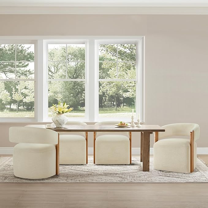 Upholstered Dining Chairs with Casters, Modern Barrel Side Armchair with Rollers & Wooden Armrest for Dining Room, Bedroom, Kitchen, Reading Room, Sand, Set of 2