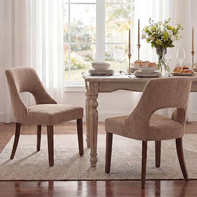 UVV Wooden Dining Chairs Set of 4, Mid Century Modern Upholstered Dining Room Chair Kitchen Chairs, Chenille Dinner Chair with Solid Wood Legs for Kitchen Dining Room, Khaki